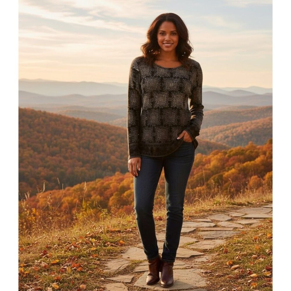 Liz & Co Black & Beige Long Sleeve Patterned Top XL 100% Cotton